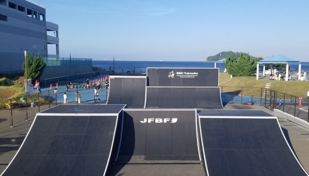 BMX park at Umikaze Park in Yokosuka, with the ocean visible in the background